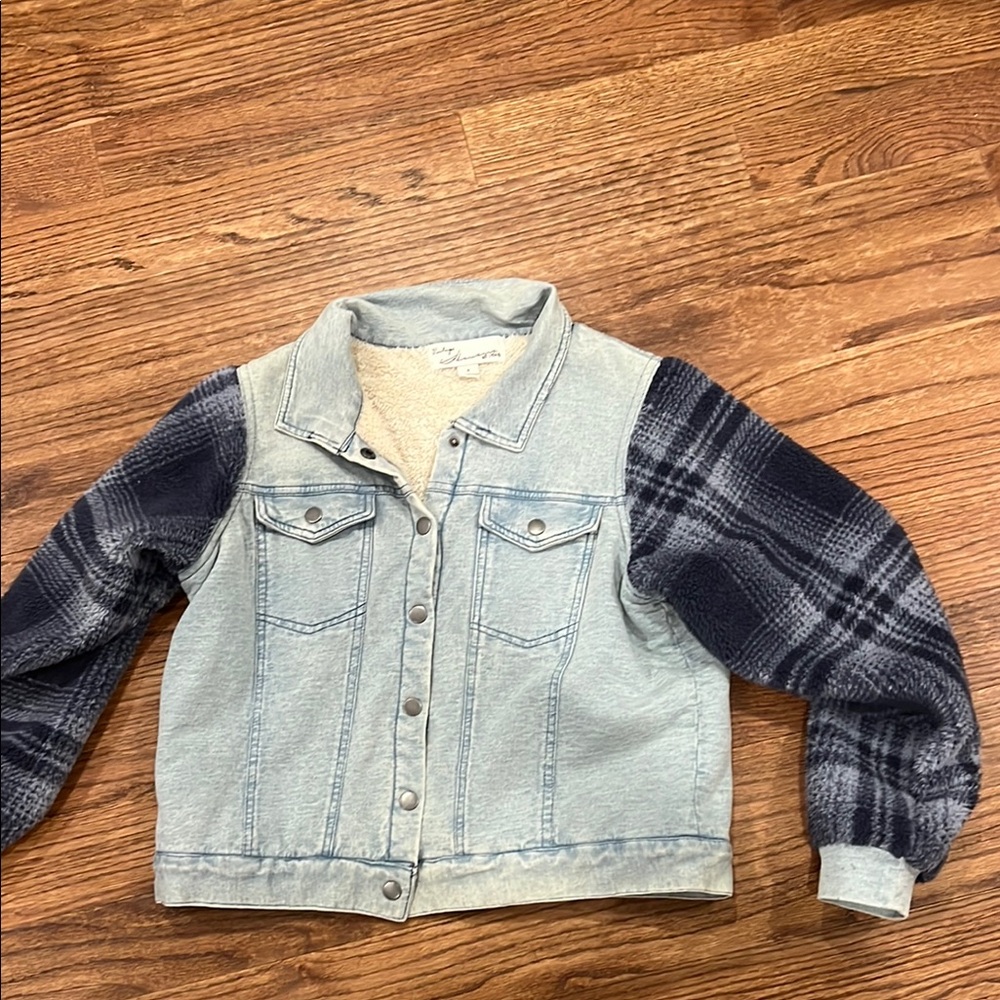 Kids Denim Jacket with Plaid Sleeves